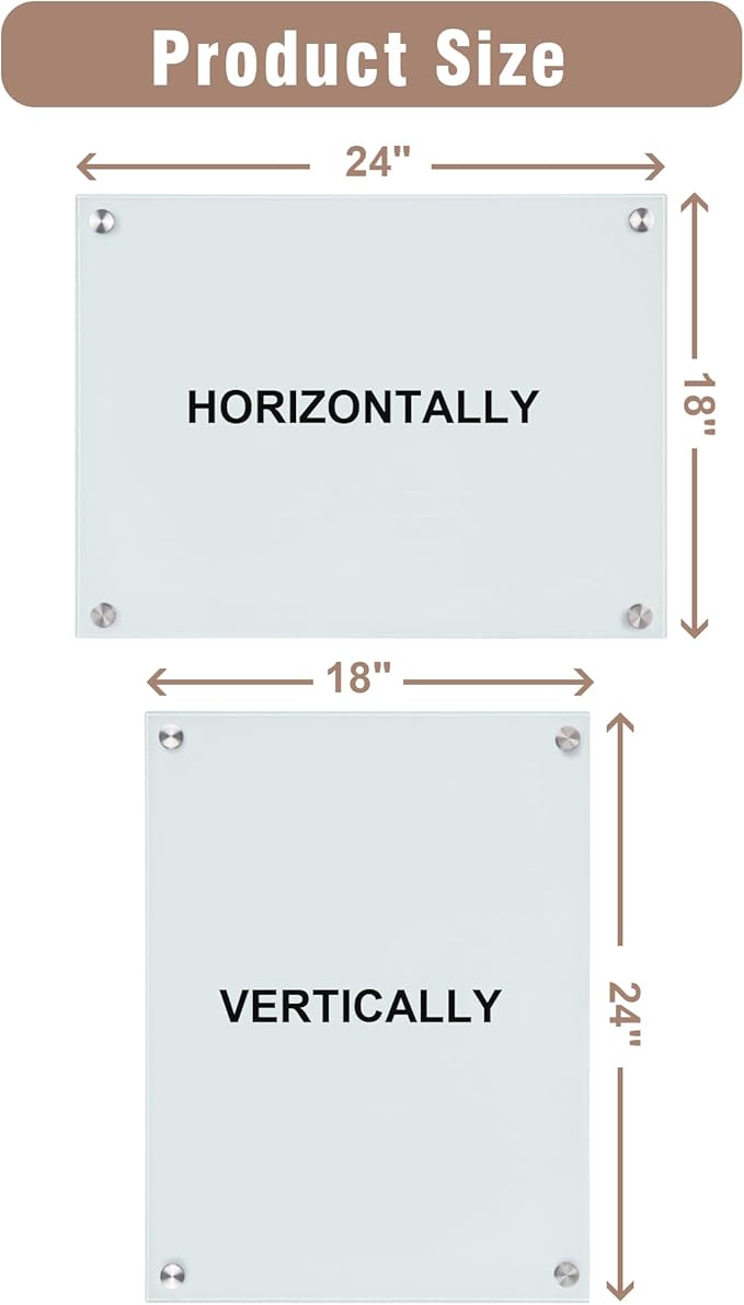 Magnetic Glass Whiteboard，24"x18" Wall Mounted Frameless Dry Erase Board for Office, Home & School White