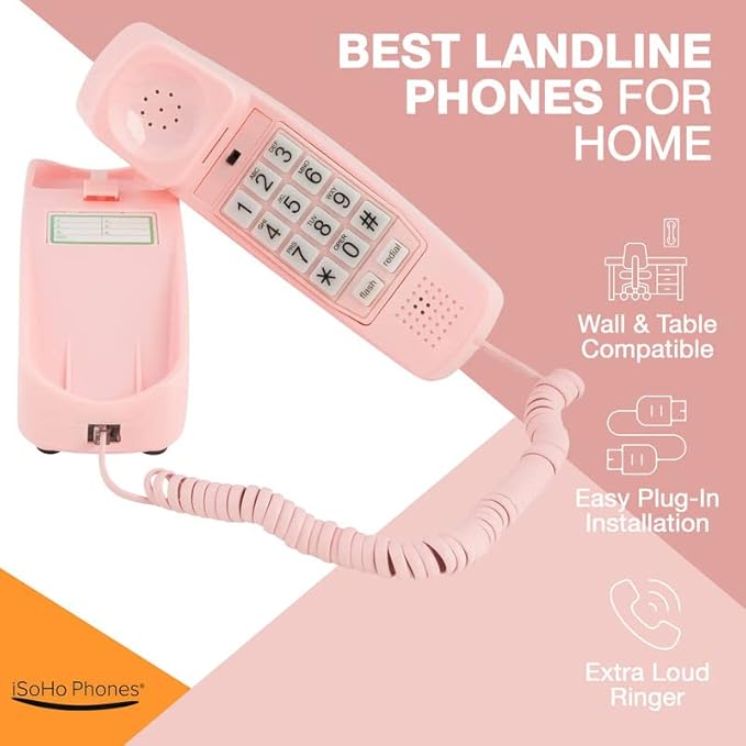 iSoHo Phones -Hearing Device-Friendly Phone – Gentle on Aching Hands, Easy-to-Press Buttons, Wall-Mountable, Custom Ringtone/Volume, Adjustable Ringer & Call Waiting with Lighted Keypad, Ladies Pink