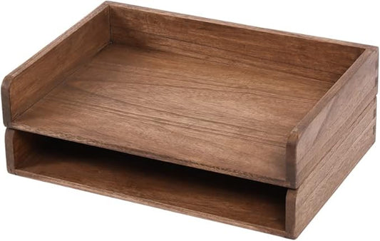 Desktop File Trays Stackable Paper Tray for Letter/A4 Size Magazine - Wood Office Document Organizer Shelf - Wooden Folder Organization Rack Desk Tray Pack of 2 Dark(2CTP-DK)