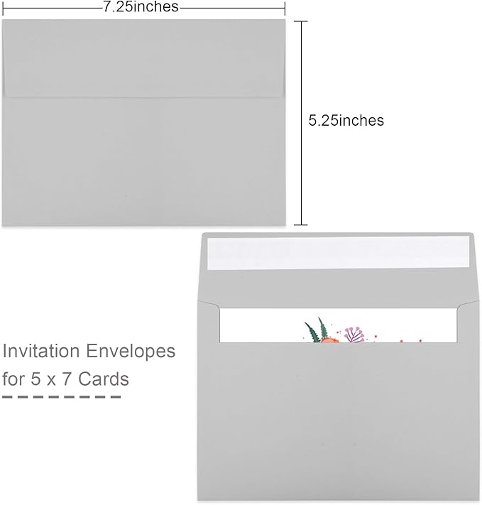 50 Packs 5x7 Dark Gray Envelope, Gray Envelopes 5x7, Dark Gray Invitation Envelope, Envelopes Self Seal for Weddings, Invitations, Photos, Greeting Cards, Mailing (Light grey)