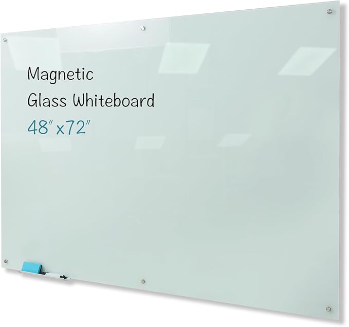 Magnetic Glass Whiteboard, 48"x72" Frameless Dry Erase Board White Board Surface Wall Mounted for Office, Classroom & Home