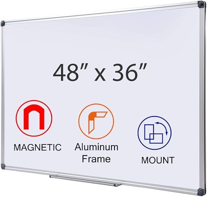 48" x 36" Magnetic Whiteboard for Wall Mount | Large Dry Erase Board with Aluminum Frame & Pen Tray | Office, Classroom, Home Use | Durable White Board for Presentations, Messages, Planning