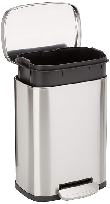 Amazon Basics Smudge Resistant Mini Rectangular Trash Can With Soft-Close Foot Pedal, Brushed Stainless Steel, for Bathroom & small space, 5 L /1.32 Gal, Satin Nickel Finish, 7.3x8.5 x11.8 in (LxWxH)