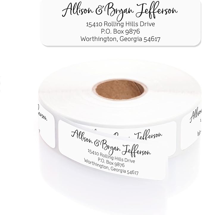 Black and White Cursive Rolled Address Labels / 250 Personalized Return Address Labels/Designer Address Stickers in Elegant Plastic Dispenser