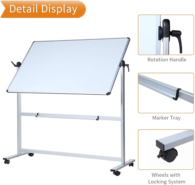 VIZ-PRO Double-Sided Magnetic Mobile Whiteboard, 48 x 32 Inches, Aluminium Frame and Stand