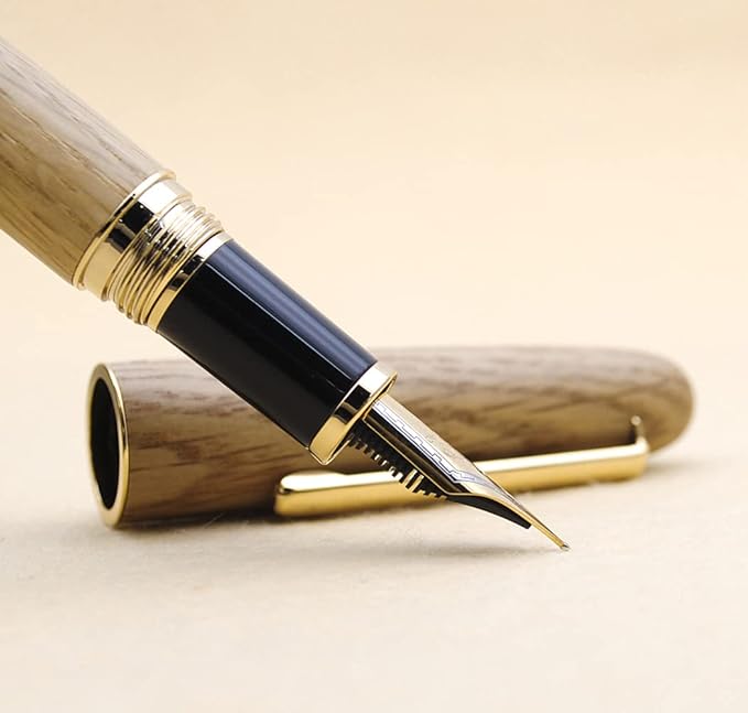 JINHAO 9036 Natural Wood Fountain Pen Handmade Ink Pen (Fine Nib 0.5mm, Oak Wood)