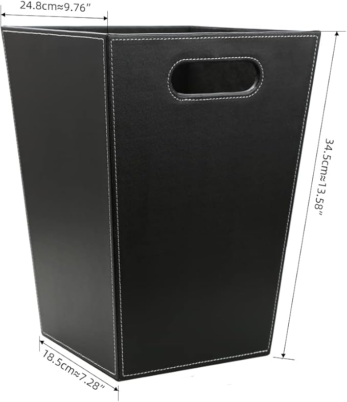 KINGFOM Classic Pu Leather Trash Can Wastebasket, Garbage Container Bin with Handles for Bathrooms, Powder Rooms, Kitchens, Home, Office and and High Class Hotel Square Black