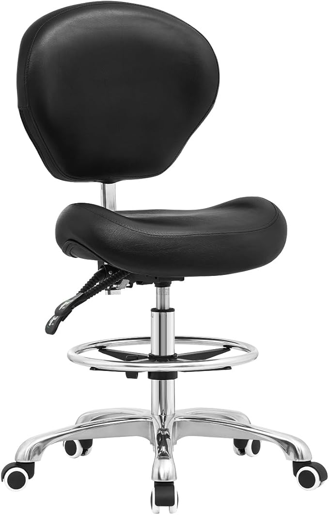 Kaleurrier Adjustable Stools Drafting Chair with Backrest & Foot Rest Drafting Stool Swivel Seat Rolling Wheels for Studio Dental Office Salon Counter Home Desk Chairs (Black)