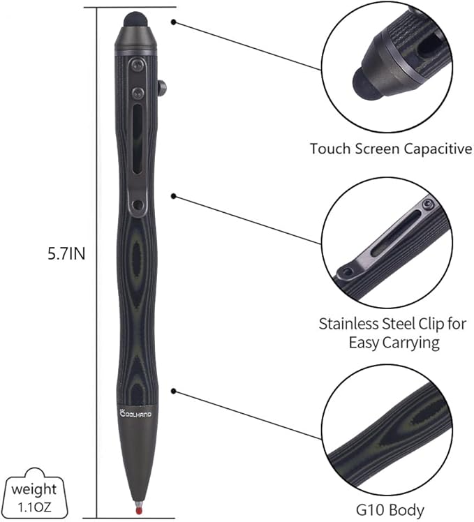 Cool Hand 5.7'' Bolt Action Pens, EDC Ballpoint Ink Refillable, Stylus for Touch Screen, G10 Body w/Pocket Clip, Ergonomic Grip, with a Free Refill, 5375-G
