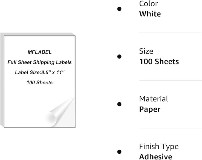 MFLABEL Full Sheet Sticker Label, Address Sticker, White Matte Label Paper, 8-1/2" x 11" Shipping Labels for Laser & Inkjet Printer (900 Labels, 900 Sheets)