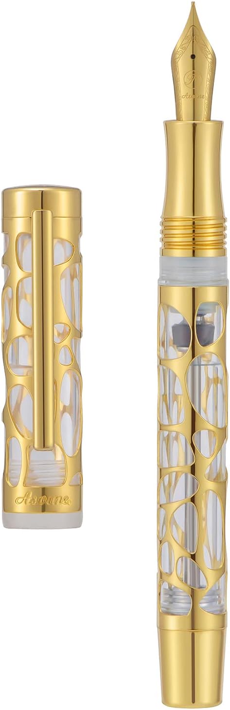 Asvine V169 Vacuum Filling Fountain Pen Extra Fine Nib, Water Drop Skeleton Overlay Gold Trim Transparent Clear Acrylic Pen Case Set