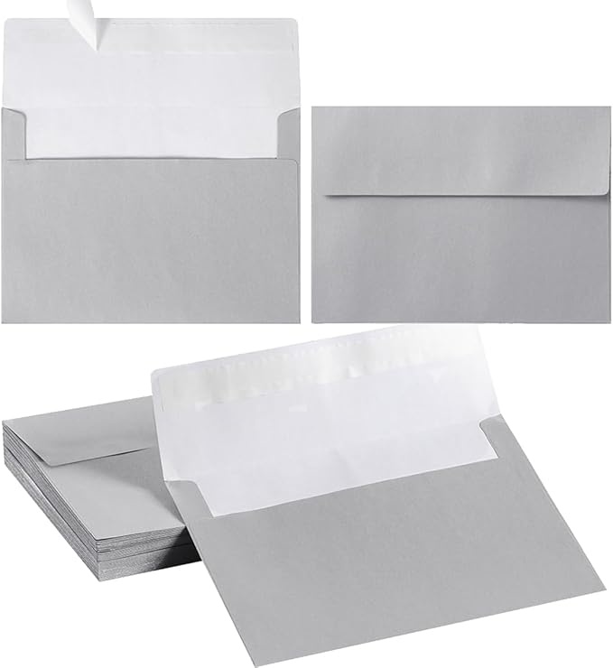 50 Pieces Metallic Color Self Seal Envelopes for Greeting Cards, Invitations, Postcards (Silver, 4x6)