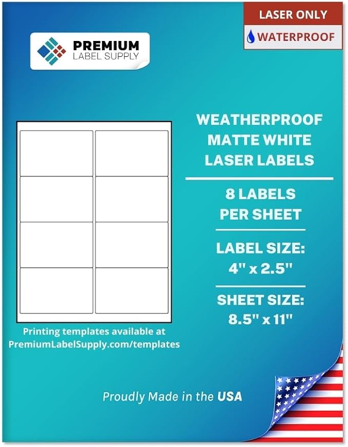 Premium Label Supply Waterproof White Address Sticker Labels – 4" x 2.5" – Laser Printers Only – (8 per Sheet), 500 Sheets - 4,000 Total Adhesive Labels