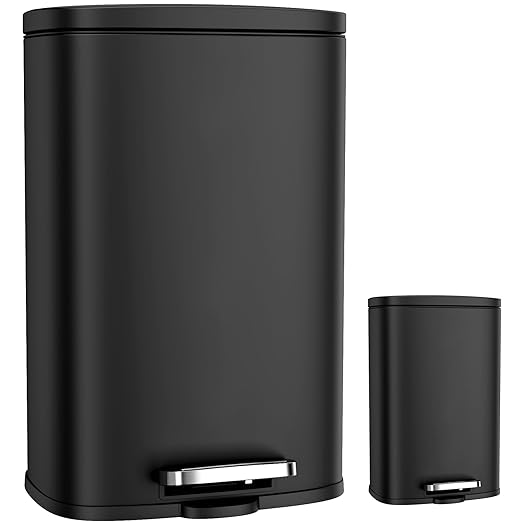 Arlopu 13.2+1.3 Gallon Step Trash Can, Stainless Steel Garbage Bin, Soft-Close Rubbish Bin with Removable Plastic Inner Bucket, Fingerprint-Proof, Lid Dustbin, for Kitchen Home (Black)