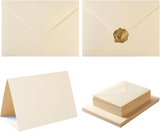 50 Pack Cream A7 Envelopes with Cards 5x7 Thick Folded Cardstock and Gold Stickers for Greeting Cards, Wedding, Birthday, Invitations, Baby Showers (Cream, 5x7)