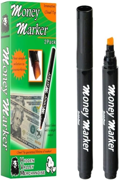 Money Marker (2 Counterfeit Pens) - Counterfeit Bill Detector Pen with Upgraded Chisel Tip - Detects Fake Counterfit Bills, Universal Currency Detectors Pack