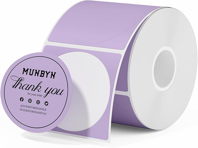 MUNBYN 2 Inch Purple Circle Thermal Sticker Labels, Multi-Purpose Self-Adhesive Round Direct Thermal Labels for Logo Design, QR Code, 750 Sheets/1 Roll