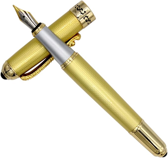 Gullor Fountain Pen with Ink Converter, Golden Dragon Clip, Executive Pen for Smooth Writing, Fine Nib, Gold