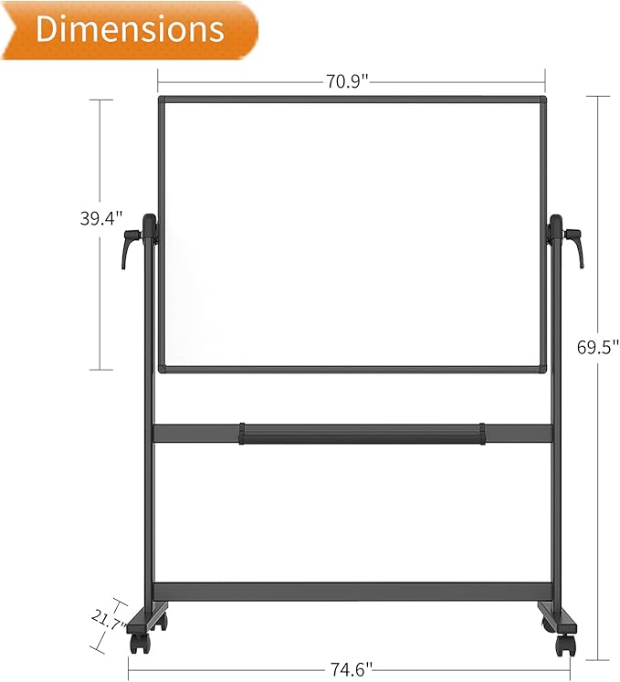 VIZ-PRO Double-Sided Magnetic Mobile Whiteboard, 72 x 40 Inches, Black Aluminium Frame and Stand