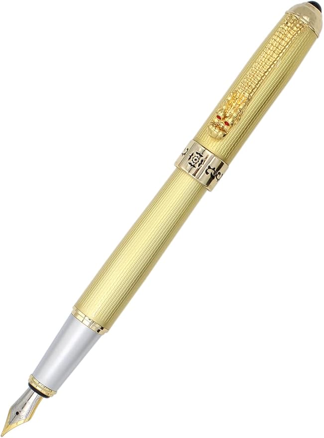 Gullor Fountain Pen with Ink Converter, Golden Dragon Clip, Executive Pen for Smooth Writing, Fine Nib, Gold