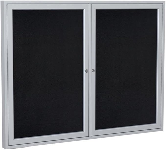 Ghent 48" x 60" 2-Door indoor Enclosed Recycled Rubber Bulletin Board, Shatter Resistant, with Lock, Satin Aluminum Frame,Black (PA24860TR-BK)-Made in USA