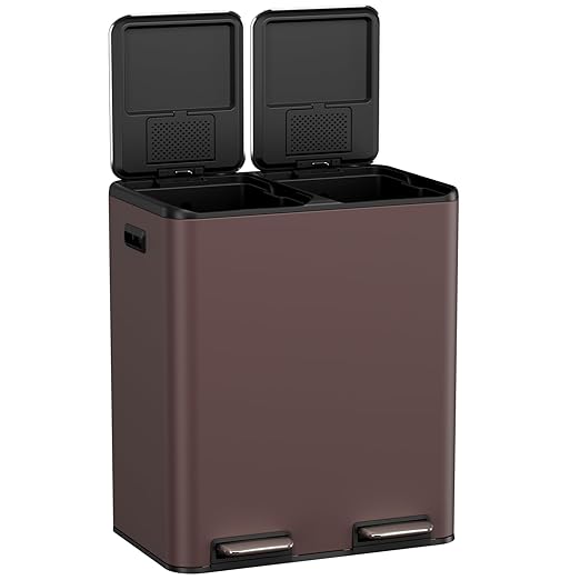 TLSUNNY Kitchen Dual Trash Can, 60L Hands-Free Stainless Steel Garbage Can, Classified Rubbish Bin with Double Compartments, Soft-Close Lid, Inner Bucket, Odor Control (60L) (Brown)