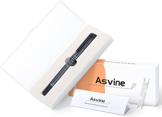 Asvine V200 Titanium Fountain Pen Vacuum Filling, Matte Black Bock Medium Nib Transparent Acrylic Smooth Writing Pen Case Set