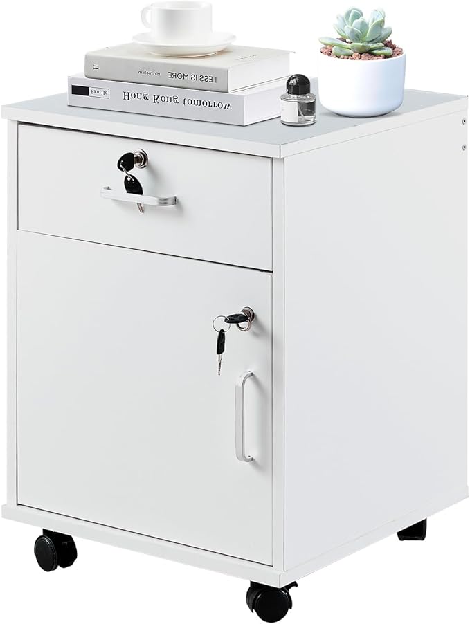 TUKAILAi Mobile File Cabinet with Lockable Drawer & Door, Under Desk Rolling Filing Cabinet with 4 Wheels, Wooden Stationery Storage Cabinet for Home Office (White)