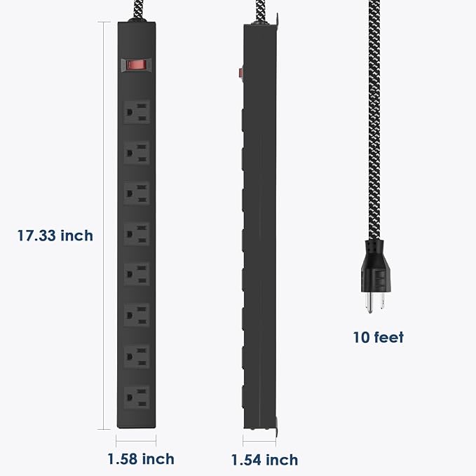 Metal 8 Outlet Mountable Power Strip with Switch,Wide Spaced Heavy Duty Wall Mount Power Strip Surge Protector 1200J,10FT 14AWG Braided Cord 15A 125V 1875W for Home Office Industrial Garage Commercial