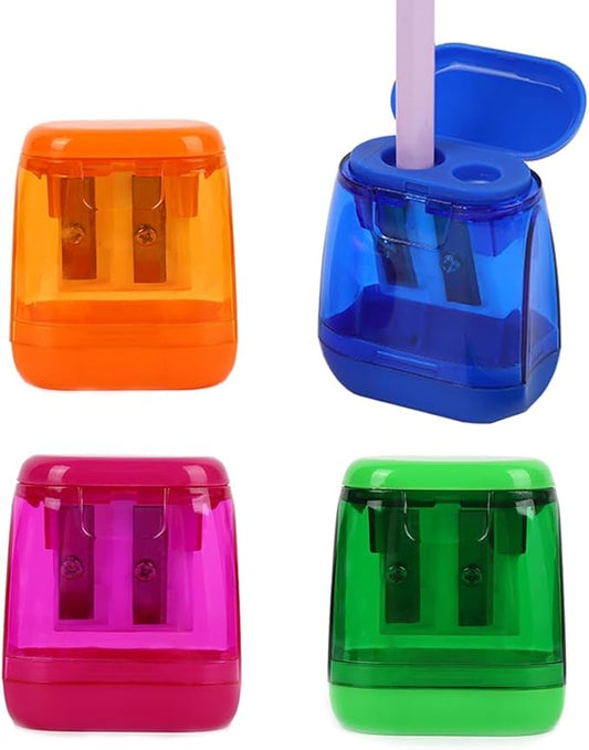 Colored Pencil Sharpener Manual, 4pcs Small Handheld Pencil Sharpeners Dual Holes with Lid for Kids Adults at Classroom School Office Home