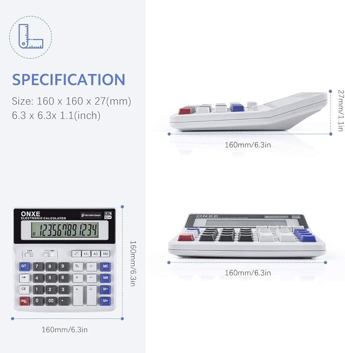 Calculators Desktop,ONXE 12 Digit Large Number LCD Display Office Desk Calculator, Two Way Power Battery and Solar,Big Button Standard Basic 4 Function Basics Calculators for Office Financial