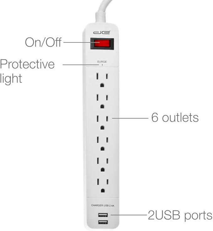 Digital Energy 6-Outlet + 2 USB 1050 Joule Surge Protector Power Strip with 25-Ft Long Extension Cord, White, UL Listed