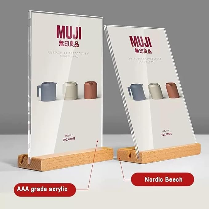 Acrylic Sign Holder A4/A5/A6 Menu Displays Double Sided, Wood Base Table Top Sign Stand (Vertical A4 210×297mm/8.27×11.69 inches