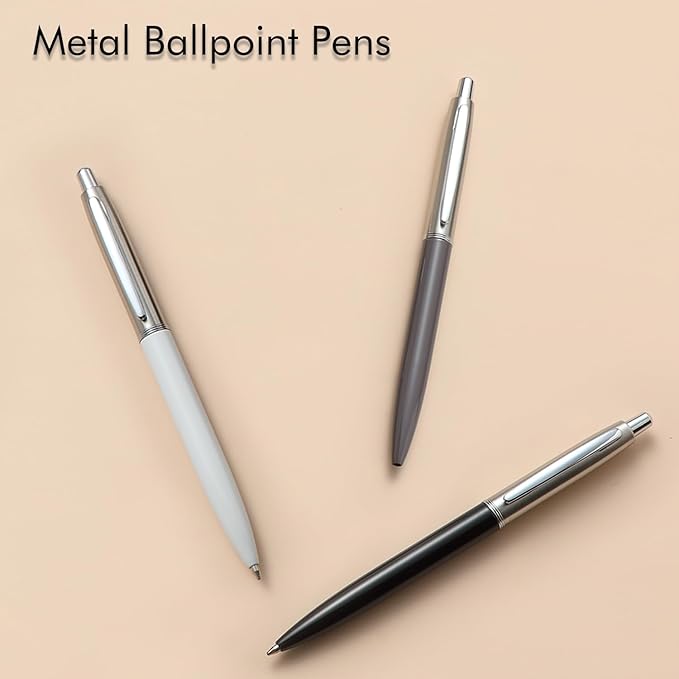 ChaoQ Ballpoint Pen, 3 Pcs Retractable Metal Ballpoint Pens, for Gift, Business, Office, 1.0mm Medium Point Black Ink, 6 Extras Replaceable Metal Refills, (3 Pens and 6 Refills) - Black, White, Gray