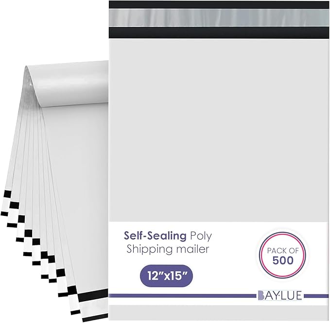 White Large Poly Mailers 12x15.5 Inch | Strong Adhesive Self-Seal Mailer Bag | Tear, Tamper, Water Resistant Shipping Envelopes | Thick Strong polymailer Bags | Clothing Shipping Bags | 500 Pcs Bulk