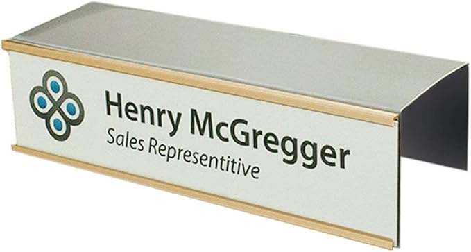 The Original Over the Cube - Quality Aluminum, Changeable Cubicle Nameplate Holder, Satin Silver Base, and Polished Yellow Gold Name Plate Holder, (2.25" Cubicle Wall Depth) - Made in The USA