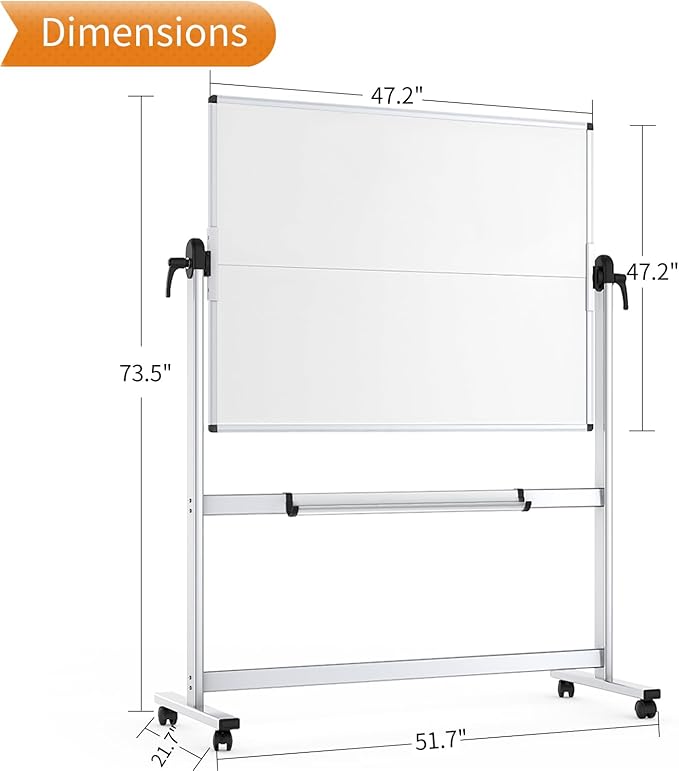 VIZ-PRO Double-Sided Mobile Whiteboard, 48 x 48 Inches, Magnetic Rolling Dry Erase White Board on Wheels with Aluminium Frame and Stand