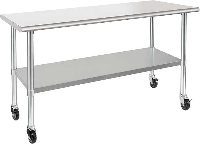 HARDURA Stainless Steel Table 24 x 72 Inches with Wheels Casters NSF Heavy Duty Commercial Prep Table with 2” Backsplash and Adjustable Undershelf for Restaurant Kitchen Home and Hotel