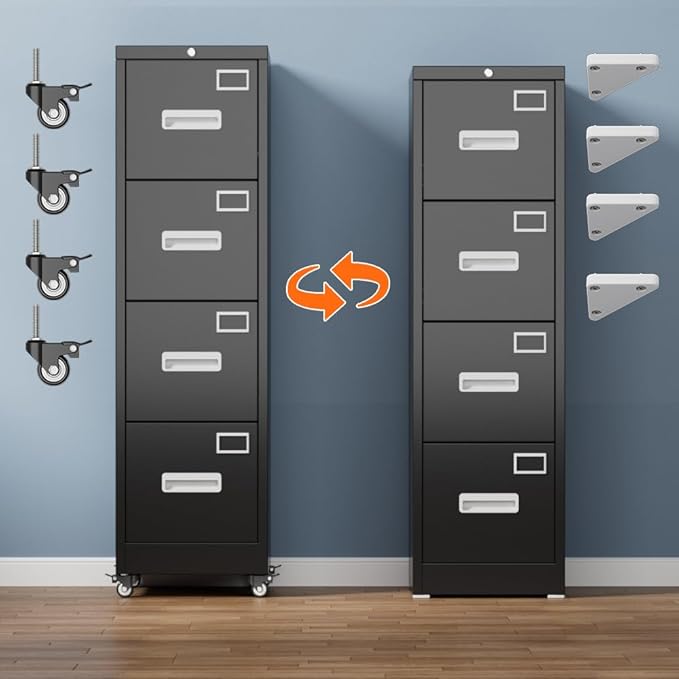 Aobabo 56" H 4 Drawer Moblie File Cabinet with Lock, Metal File Cabinet for Home Office with Wheels, Storage Legal/Letter A4 Size, Black, Assembly Required