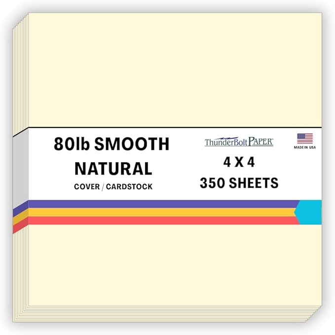 350 Natural Smooth Card Stock Sheets Paper - 4 X 4 Inches Small Square Card Size - 80# (80 lb/pound) Cover Weight - Quality Paper - Smooth Finish