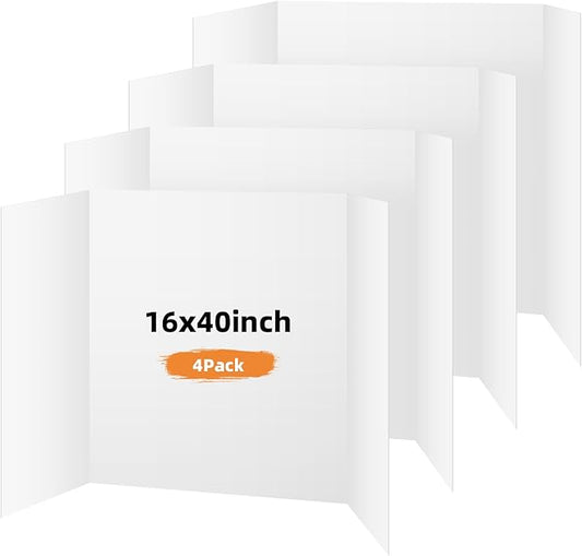4 Pack Trifold Poster Board, 16x40 Inches White Presentation Board, Portable Display Board for Science Fair, School DIY Project and Business Exhibitions