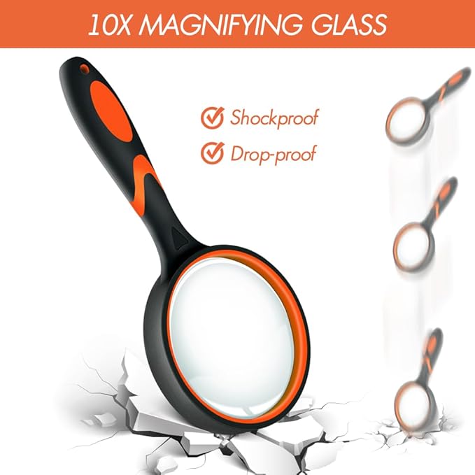Leffis 6 Pack Magnifying Glass, 10X Non-Slip Handheld Reading Magnifier for Kids and Seniors, 75mm Magnifying Glass Lens for Reading, Classroom Science, and Nature Exploration