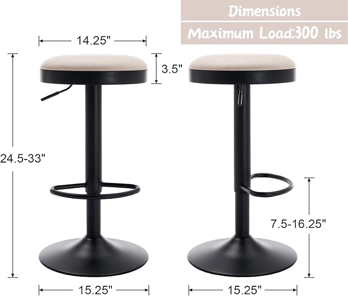 Round Swivel Counter Height Bar Stools Set of 4 Modern Adjustable Barstools Backless PU Leather Bar Chairs Industrial Island Chairs with Metal Base/Footrest for Kitchen Island/Pub/Bar, Beige