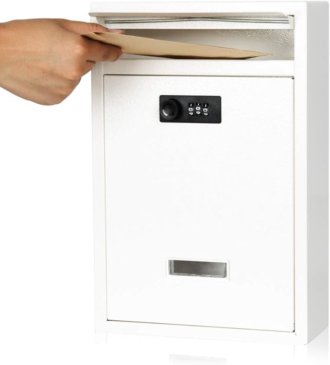 KYODOLED Locking Wall Mount Mailbox, Mail Boxes with Combination Lock for Outside, Security Drop Box with Code,12.4H x 8.54L x 3.35W Inches, White