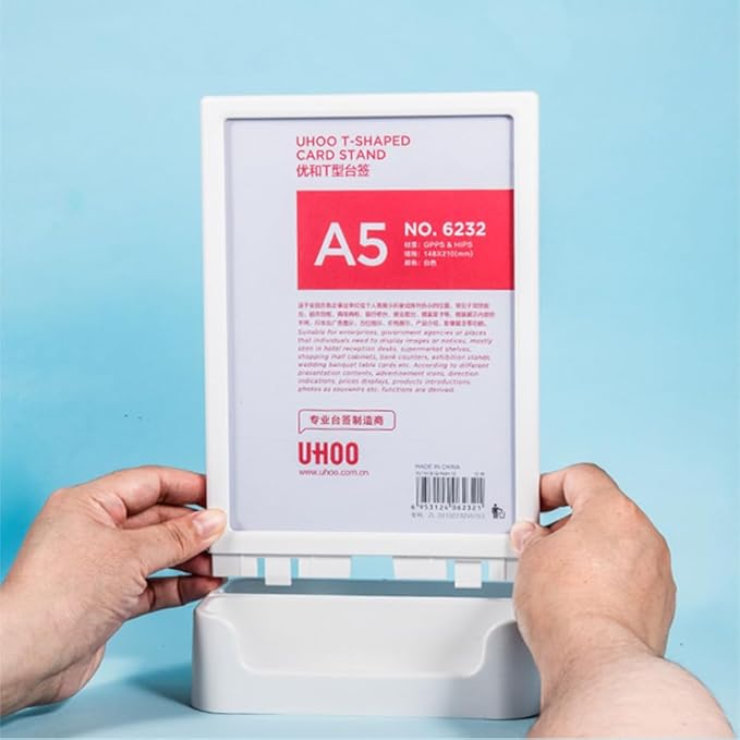 ABS Plastic Sign Holder, Menu Displays T Shape Sign Stand with Business Card Holder, Plastic Display Stand for Ads, Menu, Photos, Business Card (White A5 148×210mm//5.83×8.27 inches)