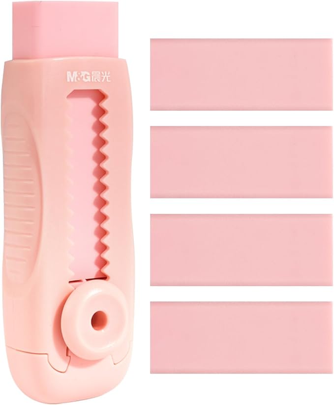 M&G 4+1 Pack Rubber Pink Erasers Sliding Retractable Eraser, Soft Cute Erasers Push Pull Large Pencil Erasers with Plastic Sleeve 4 Refill Eraser for School Students Kids Office Home Supplies