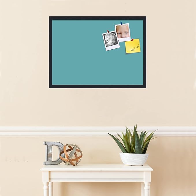 PinPix 28x20 Inch Cork Bulletin Board. This Decorative Framed Pin Board Comes with Aqua Pastel Design and a Satin Black Frame. Ideal for Home Office Decor or Message Board (PinPix-1806)