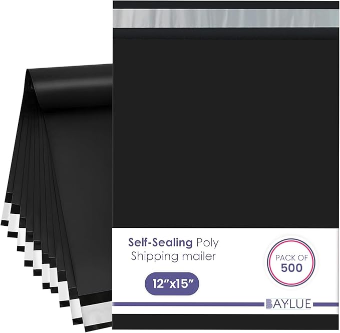 Black Large Poly Mailers 12x15.5 Inch | Strong Adhesive Self-Seal Mailer Bag | Tear, Tamper, Water Resistant Shipping Envelopes | Thick Strong polymailer Bags | Clothing Shipping Bags | 500 Pcs Bulk