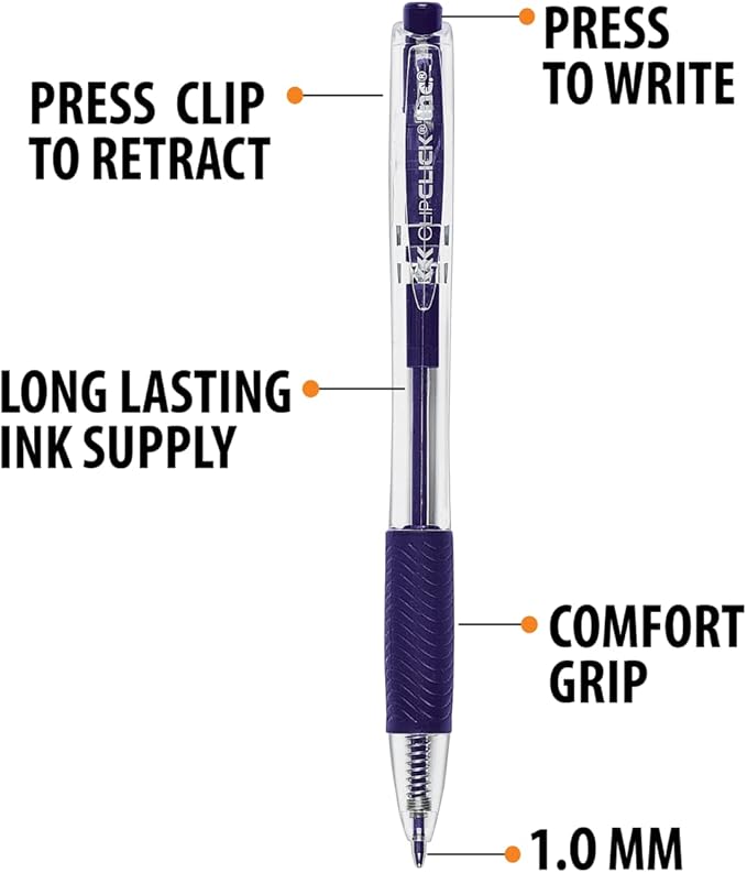 Inc. ClipClicks Retractable Ballpoint Pens - Bulk 1.0-mm Medium-Point Pen Set With Comfort Grip for School, Office, Writing, and Journaling, 50 Count, Blue