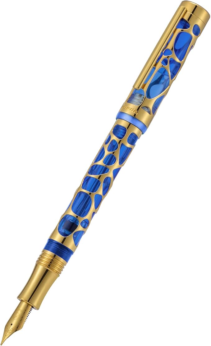 Asvine V169 Vacuum Filling Fountain Pen Fine Nib, Water Drop Skeleton Gold Trim Transparent Blue Acrylic Pen Case Set